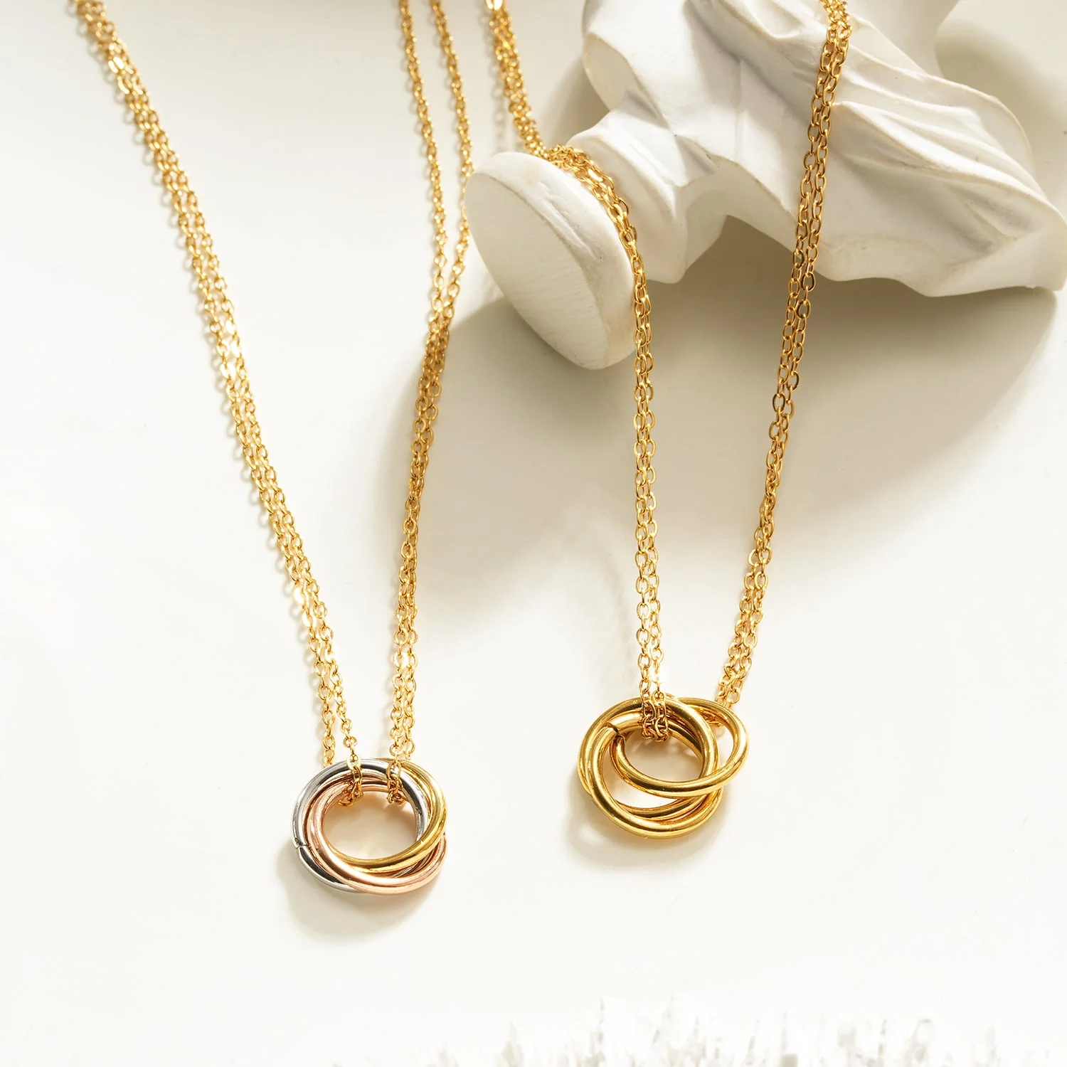 ELVIRA Gold: Double Chain Dainty Necklace with Intertwined 3-Ring Pendant – Symbol of Love, Unity & Eternity - Image 7