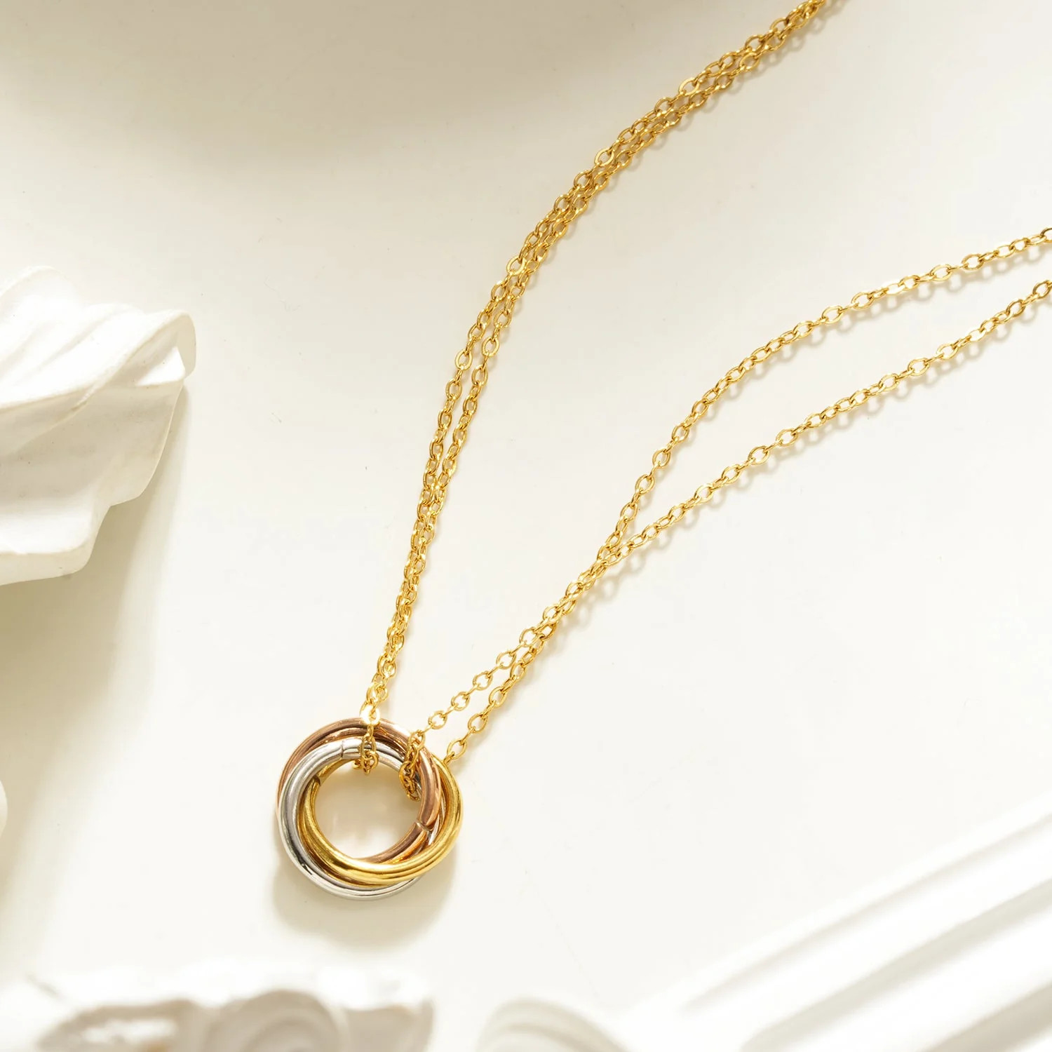 ELVIRA Mixed Metals: Double Chain Dainty Necklace with Intertwined 3-Ring Pendant – Symbol of Love, Unity & Eternity - Image 4
