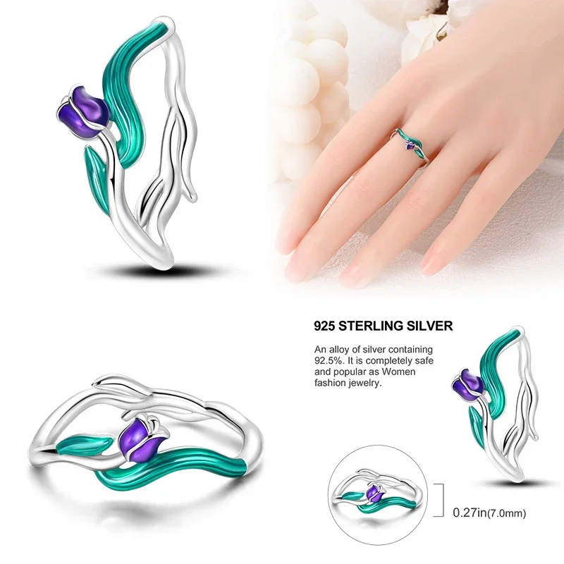 925 Sterling Silver Enamel Tulip Ring - Image 3