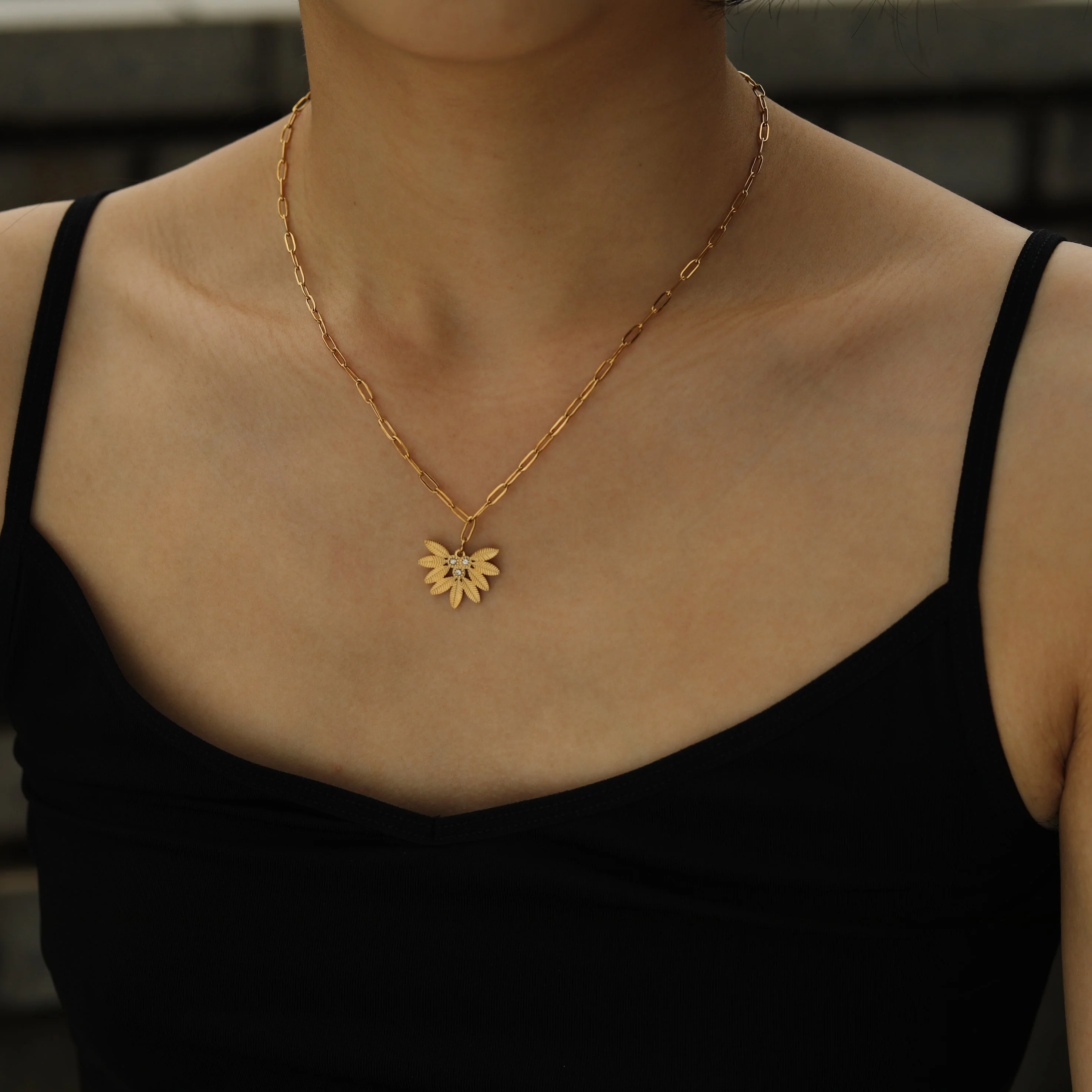 ENOLA Mini Paper Clip Chain with Leaves Design Zirconia Pendant in Gold - Image 4