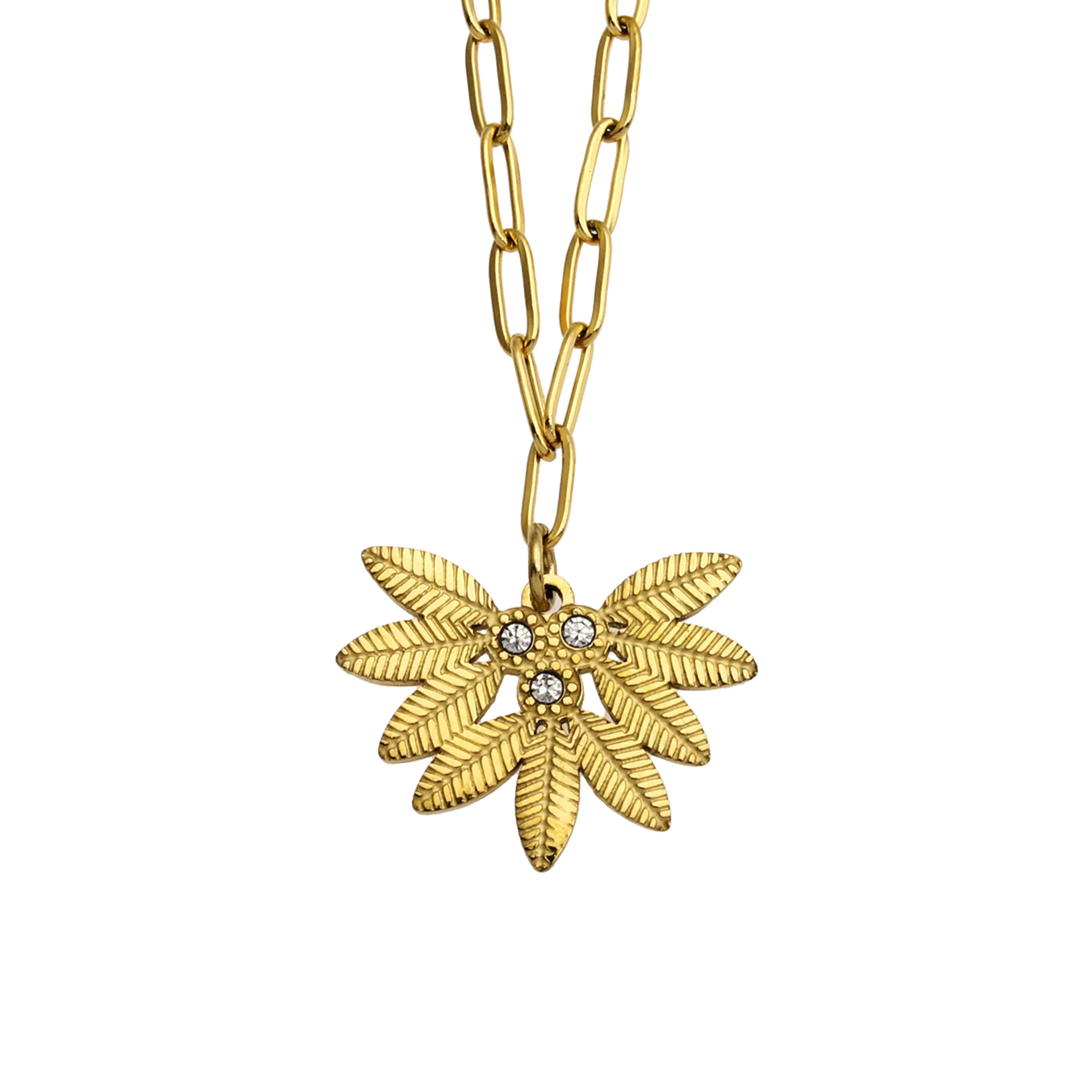 ENOLA Mini Paper Clip Chain with Leaves Design Zirconia Pendant in Gold - Image 6