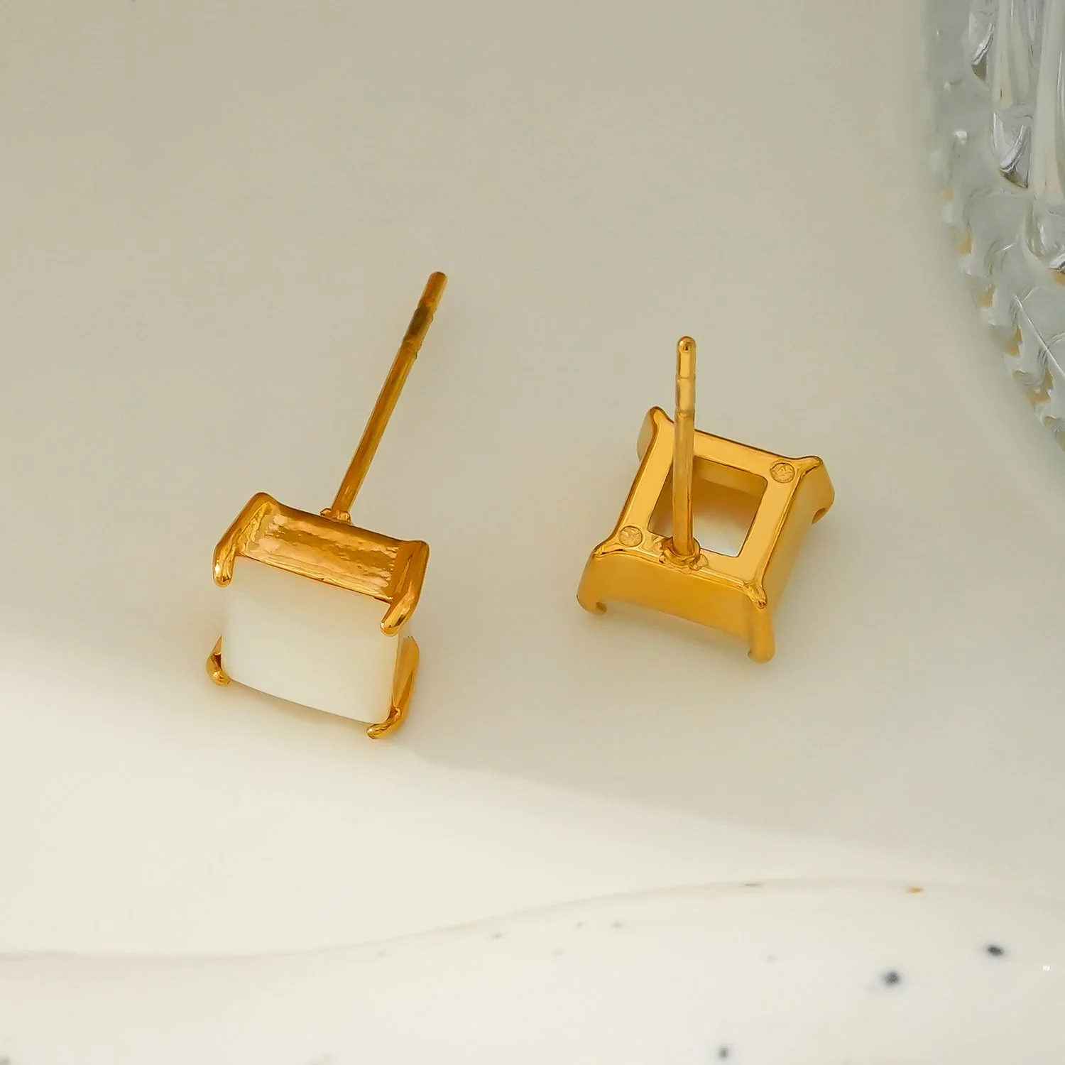 ERITH: Gold Rimmed Natural Shell Square Shaped Classic Stud Earrings - Image 9