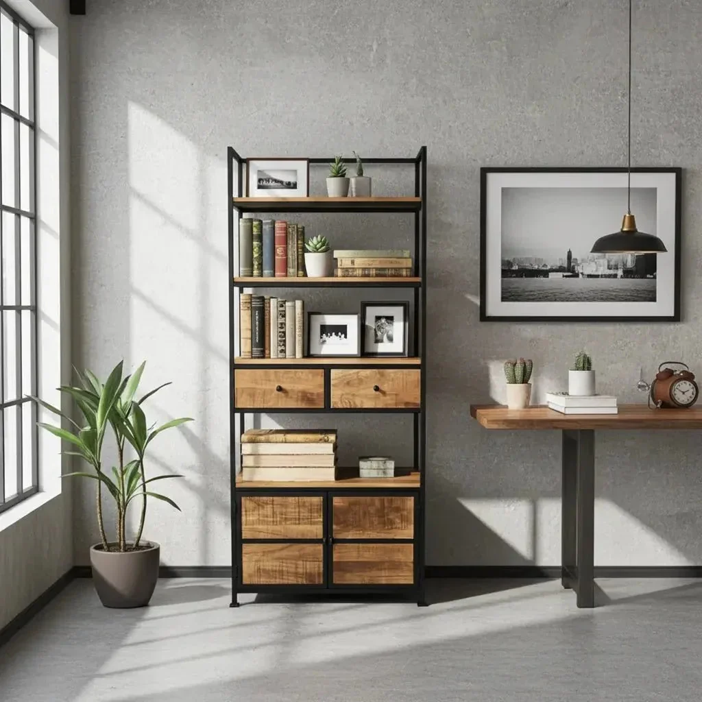 Étagère Style industrielle en bois de manguier et acier noir avec 2 tiroirs