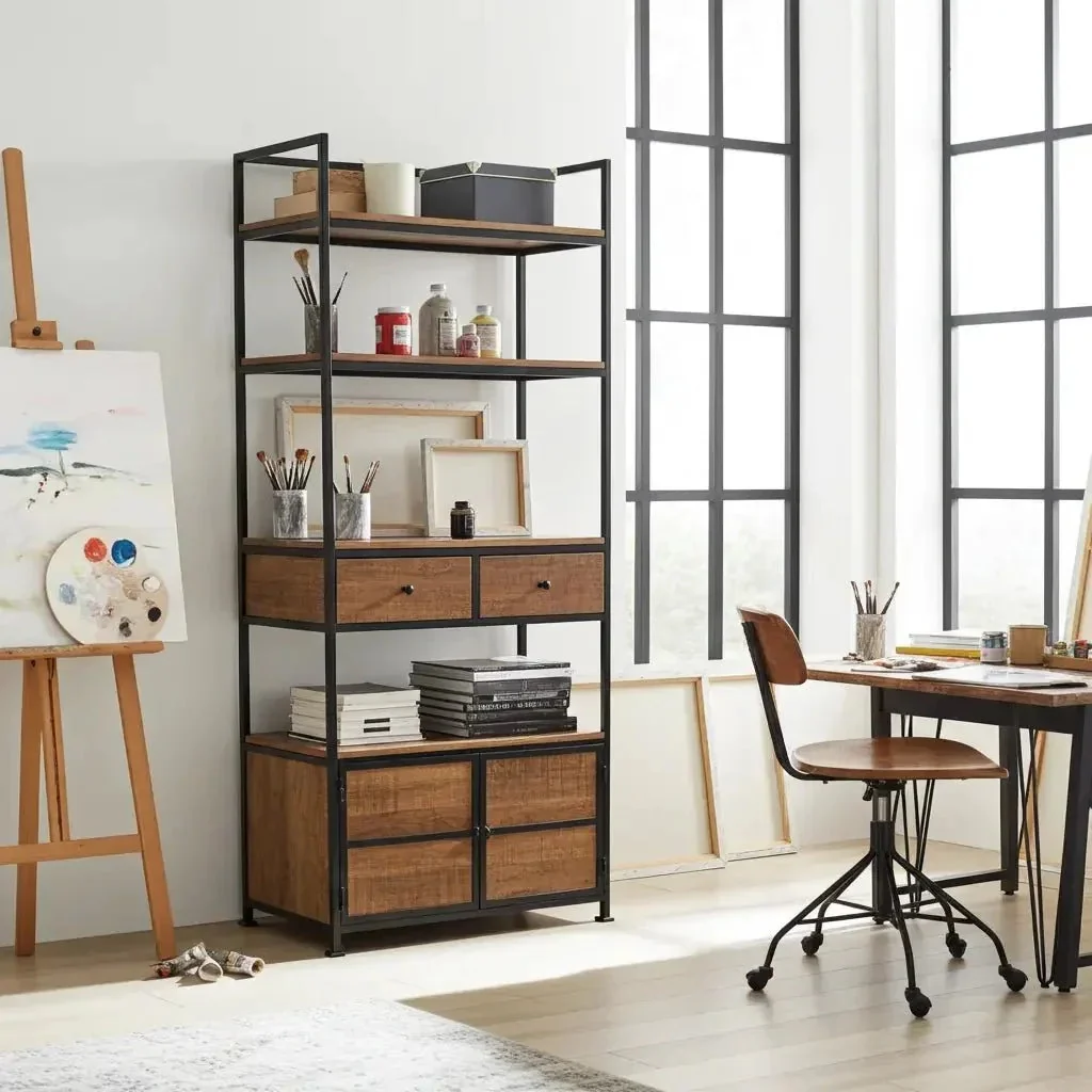 Étagère Style industrielle en bois de manguier et acier noir avec 2 tiroirs - Image 2