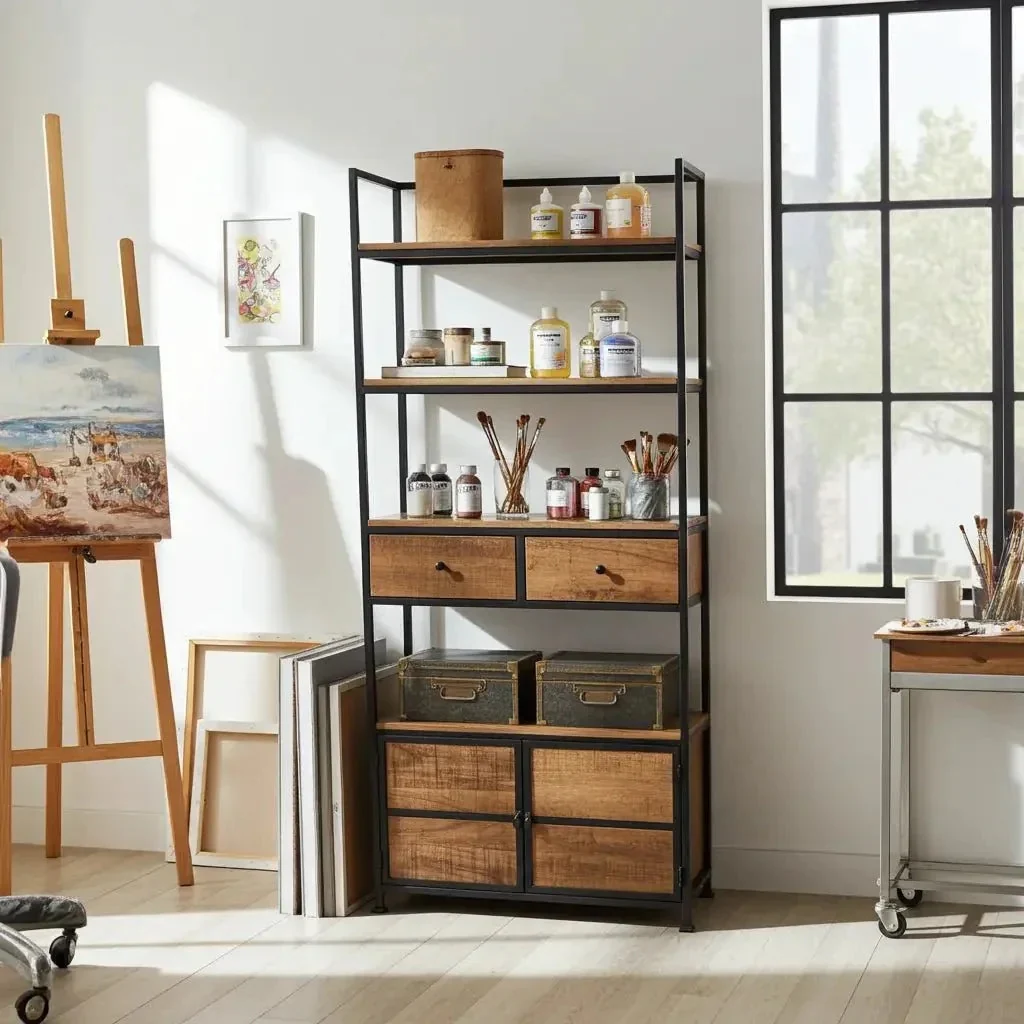 Étagère Style industrielle en bois de manguier et acier noir avec 2 tiroirs - Image 3