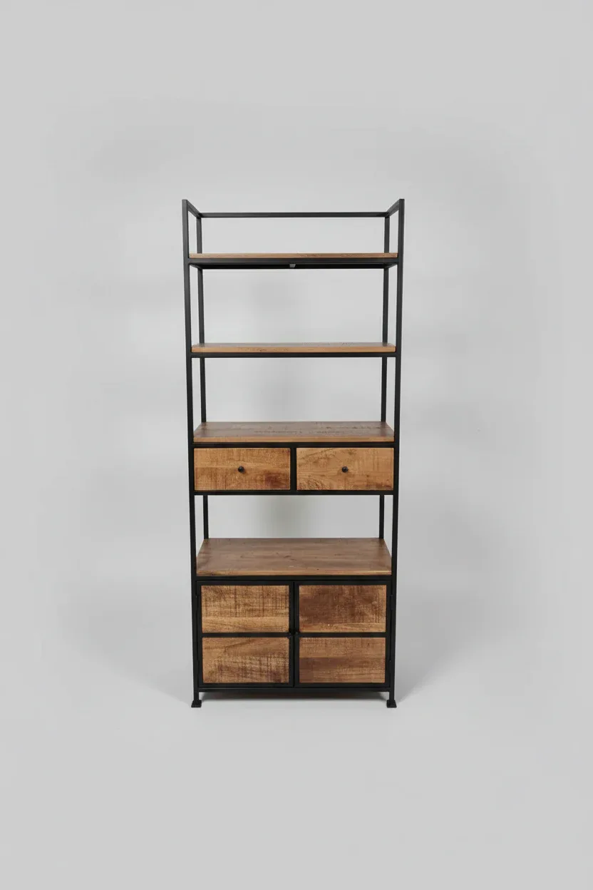 Étagère Style industrielle en bois de manguier et acier noir avec 2 tiroirs - Image 4