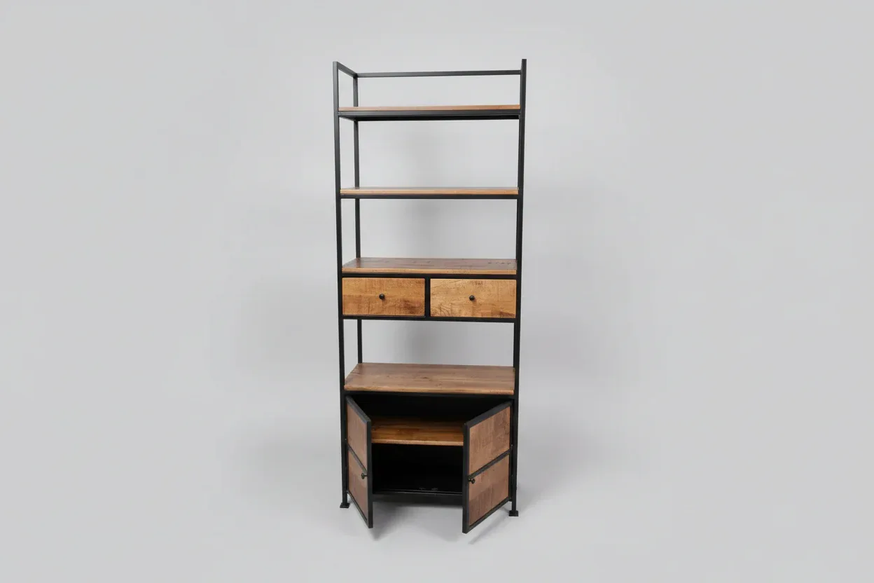 Étagère Style industrielle en bois de manguier et acier noir avec 2 tiroirs - Image 5