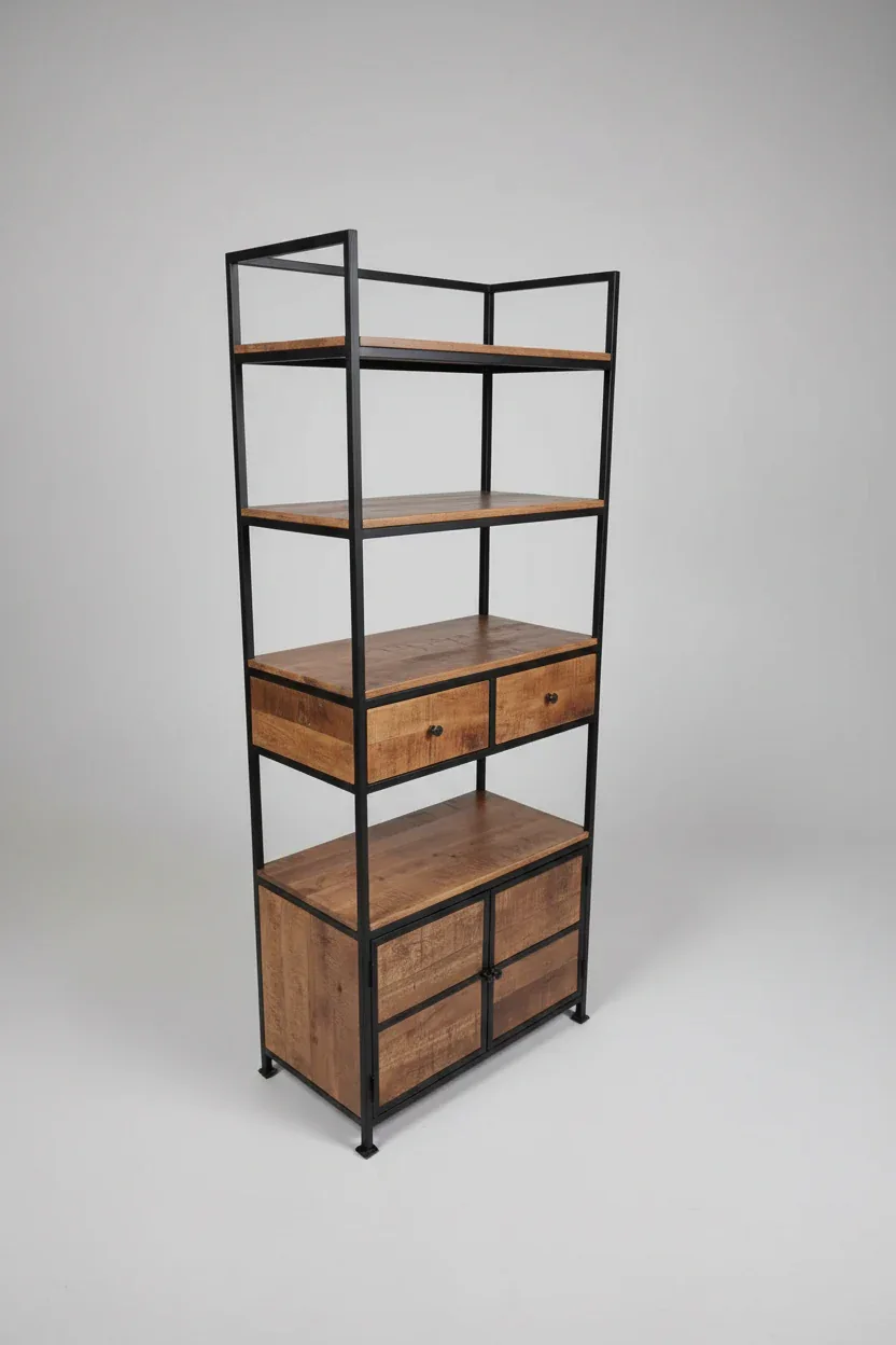 Étagère Style industrielle en bois de manguier et acier noir avec 2 tiroirs - Image 6