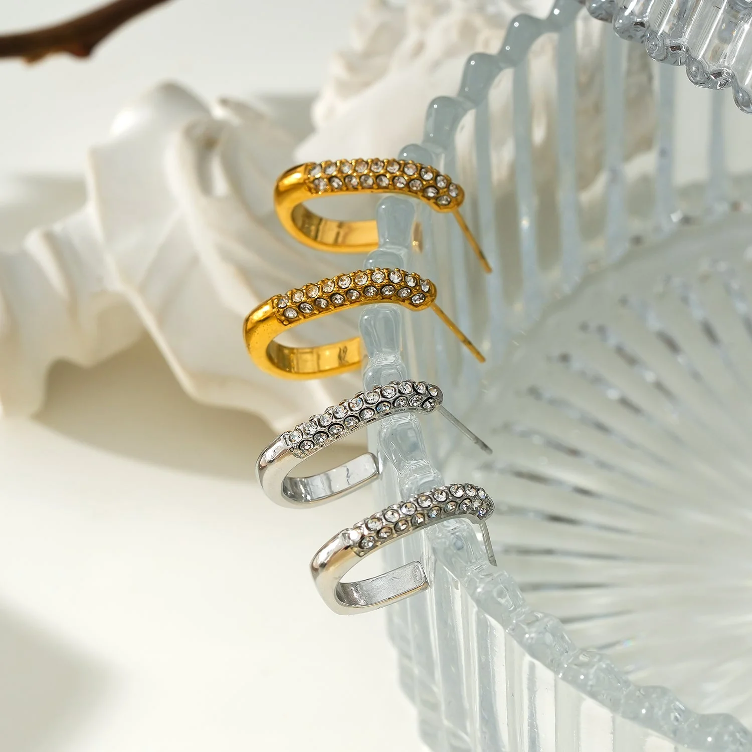 FIRLE Gold: Partial Pavé Zirconia Oval Hoop Earrings - Image 6
