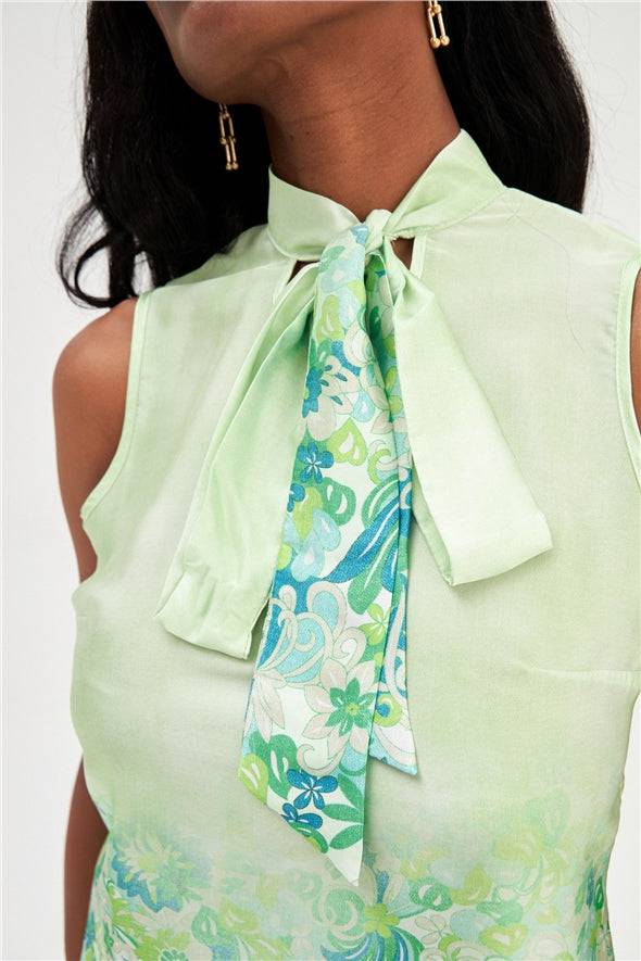 Floral Ombre Patterned Tie Neck Scarf Detailed Blouse - Green - Image 5