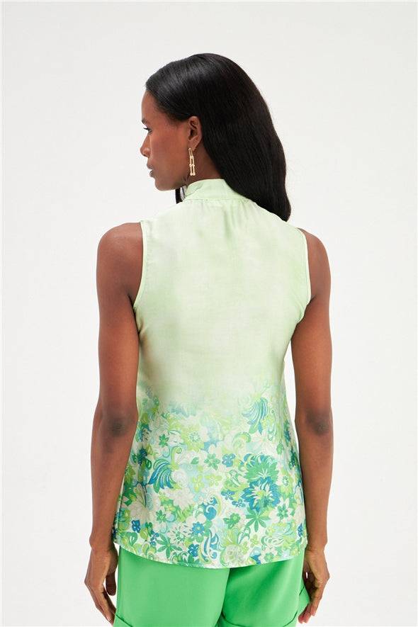 Floral Ombre Patterned Tie Neck Scarf Detailed Blouse - Green - Image 6
