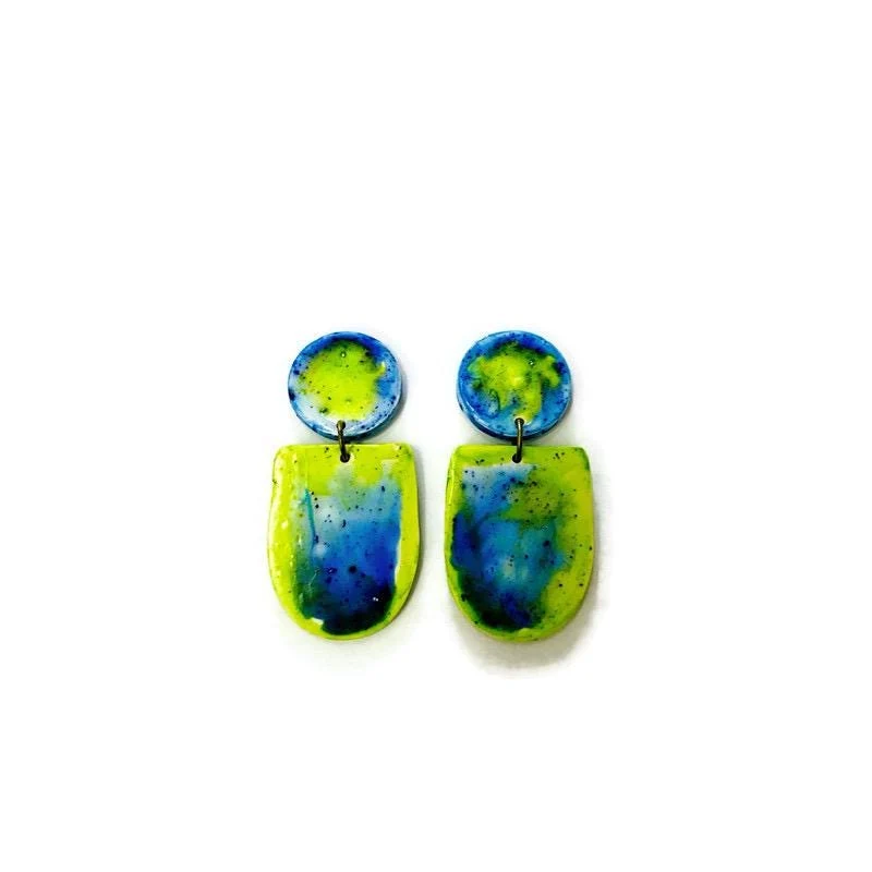 Fluid Art Statement Earrings in Lime Green & Blue - Image 2