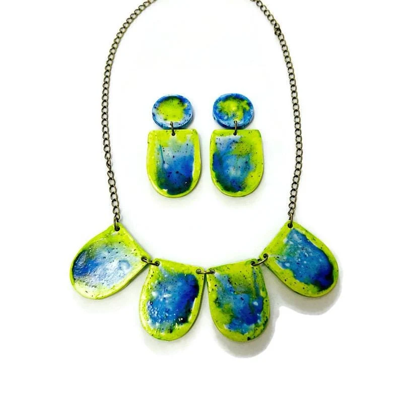 Fluid Art Statement Earrings in Lime Green & Blue - Image 4