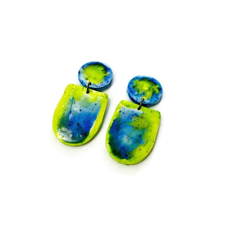 Fluid Art Statement Earrings in Lime Green & Blue - Image 5