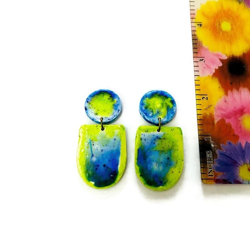 Fluid Art Statement Earrings in Lime Green & Blue - Image 6