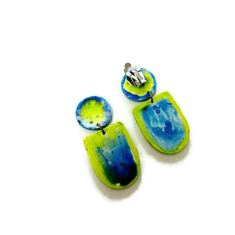 Fluid Art Statement Earrings in Lime Green & Blue - Image 7