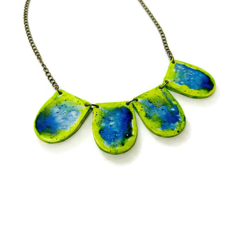 Fluid Art Statement Earrings in Lime Green & Blue - Image 8