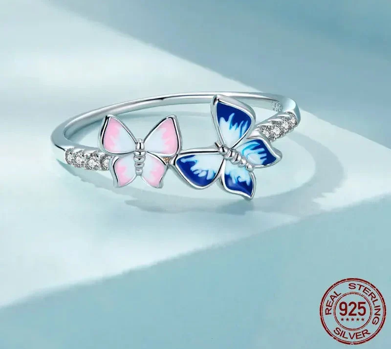 925 Sterling Silver Enamel Butterfly CZ Band Ring - Image 7