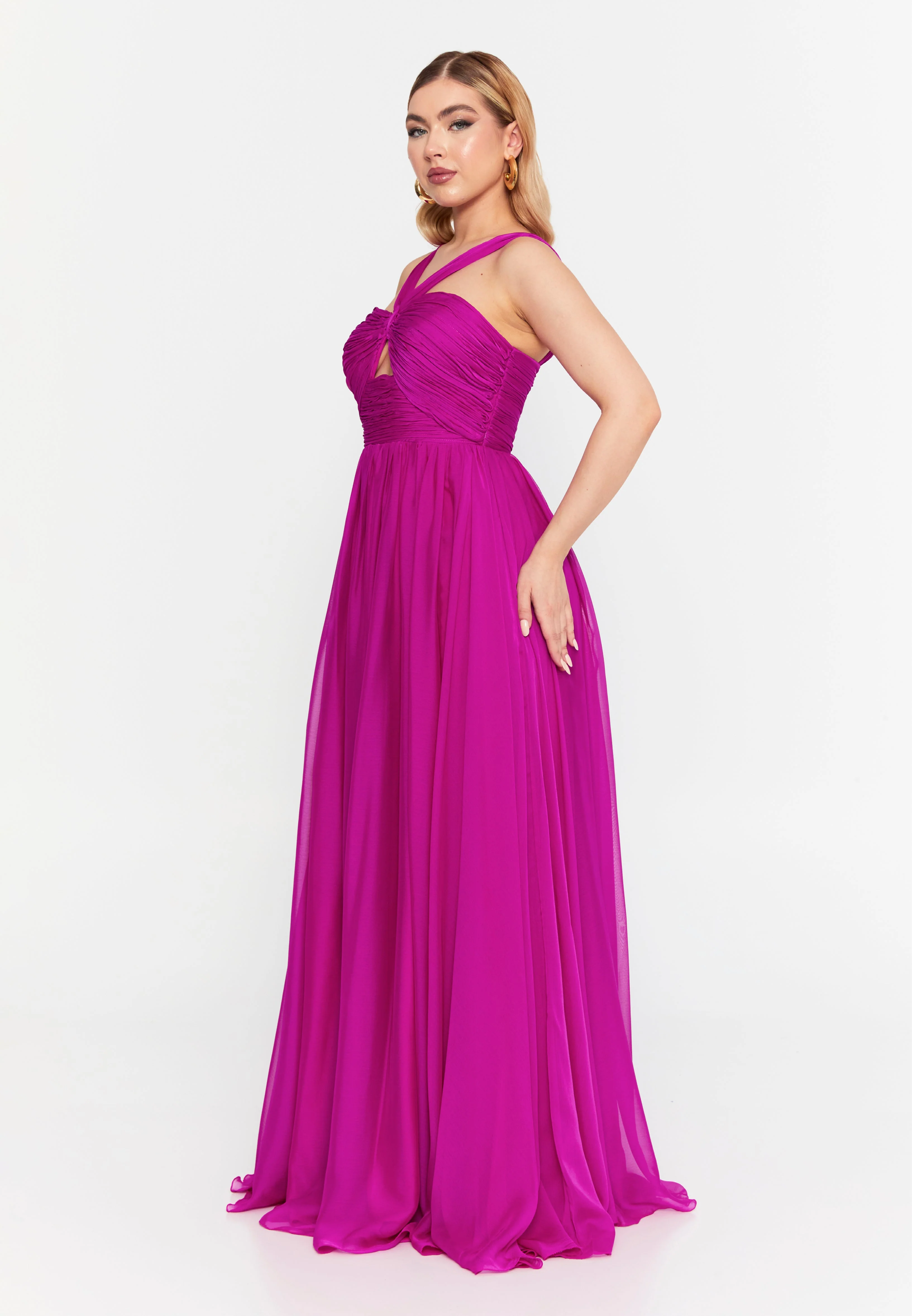 Fuchsia Plus Size Crisscross Chiffon Maxi Dress with Keyhole Front - Image 3