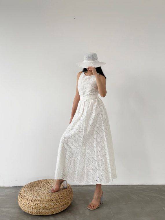 Gathered Long Dress With Waist Belt - Image 2