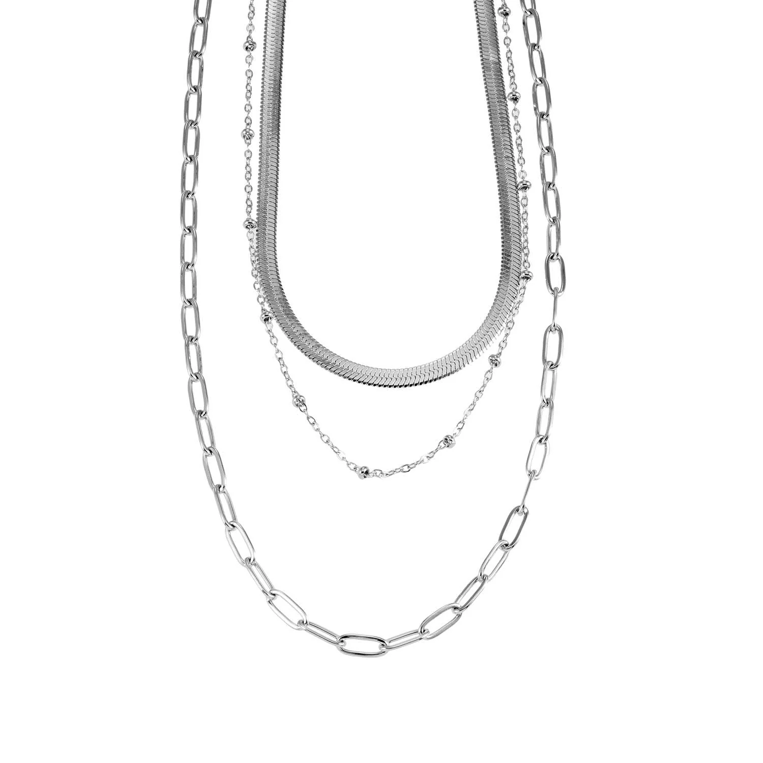 GEILNAR:  Triple Layer Mixed-Chain Necklace in Silver - Image 4
