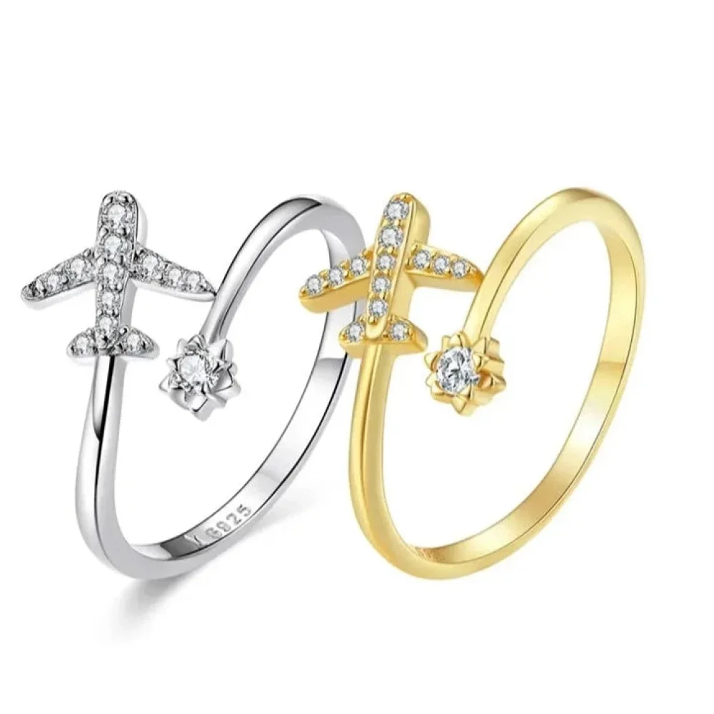 925 Sterling Silver CZ Flying Plane Open Ring - Image 8