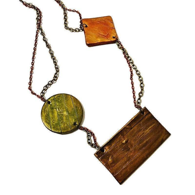 Geometric Bib Necklace with Double Layered Bronze & Copper Chain - Image 2