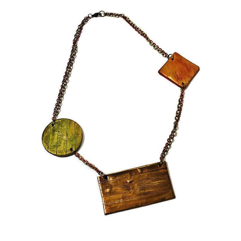 Geometric Bib Necklace with Double Layered Bronze & Copper Chain - Image 4