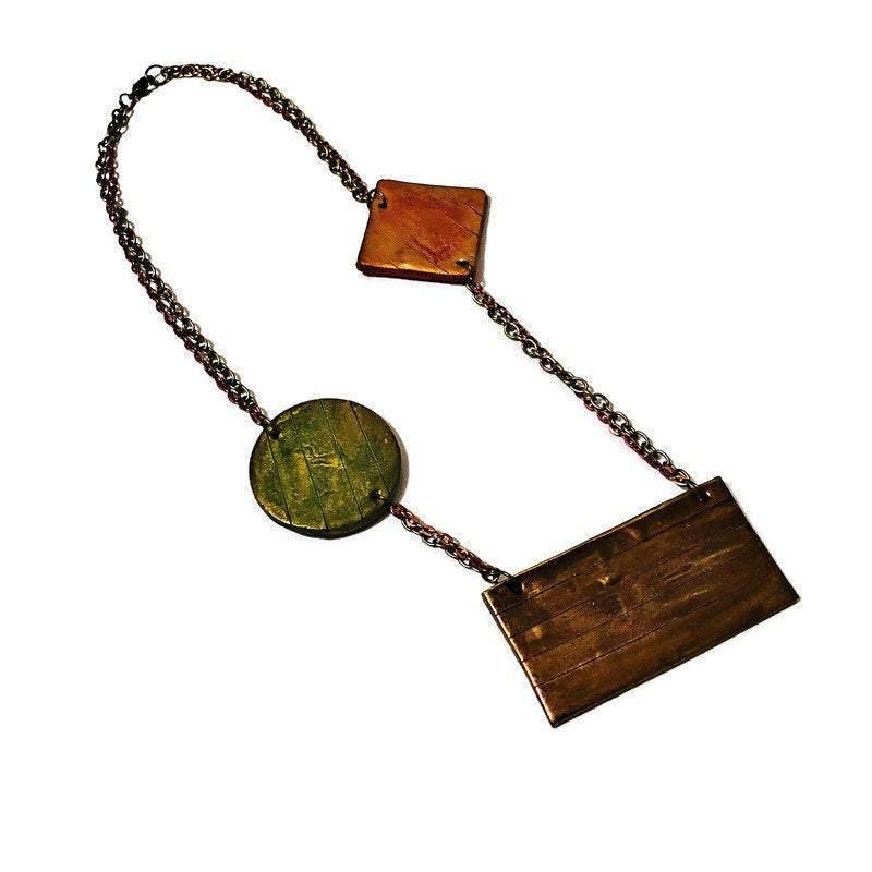 Geometric Bib Necklace with Double Layered Bronze & Copper Chain - Image 5