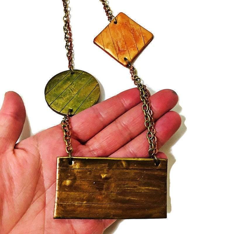 Geometric Bib Necklace with Double Layered Bronze & Copper Chain - Image 6
