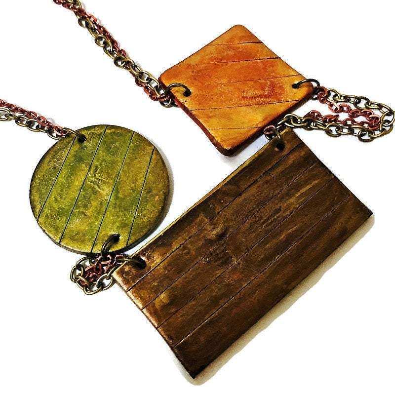 Geometric Bib Necklace with Double Layered Bronze & Copper Chain - Image 7