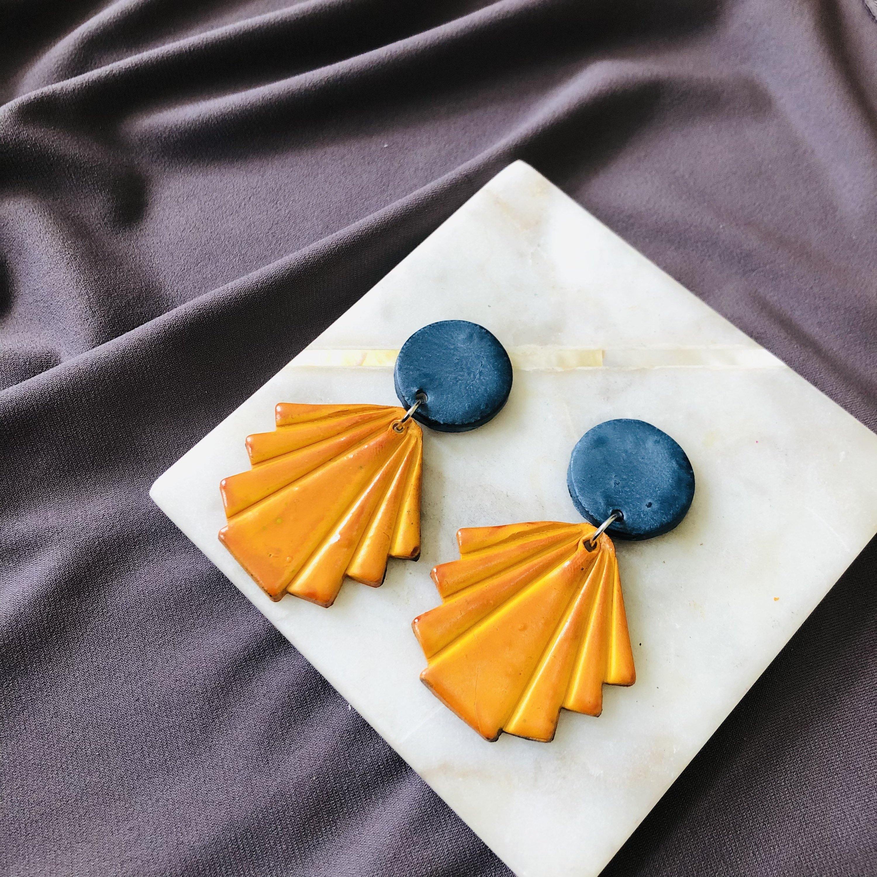 Geometric Fan Statement Earrings, Post or Clip On – "Ruth" - Image 4
