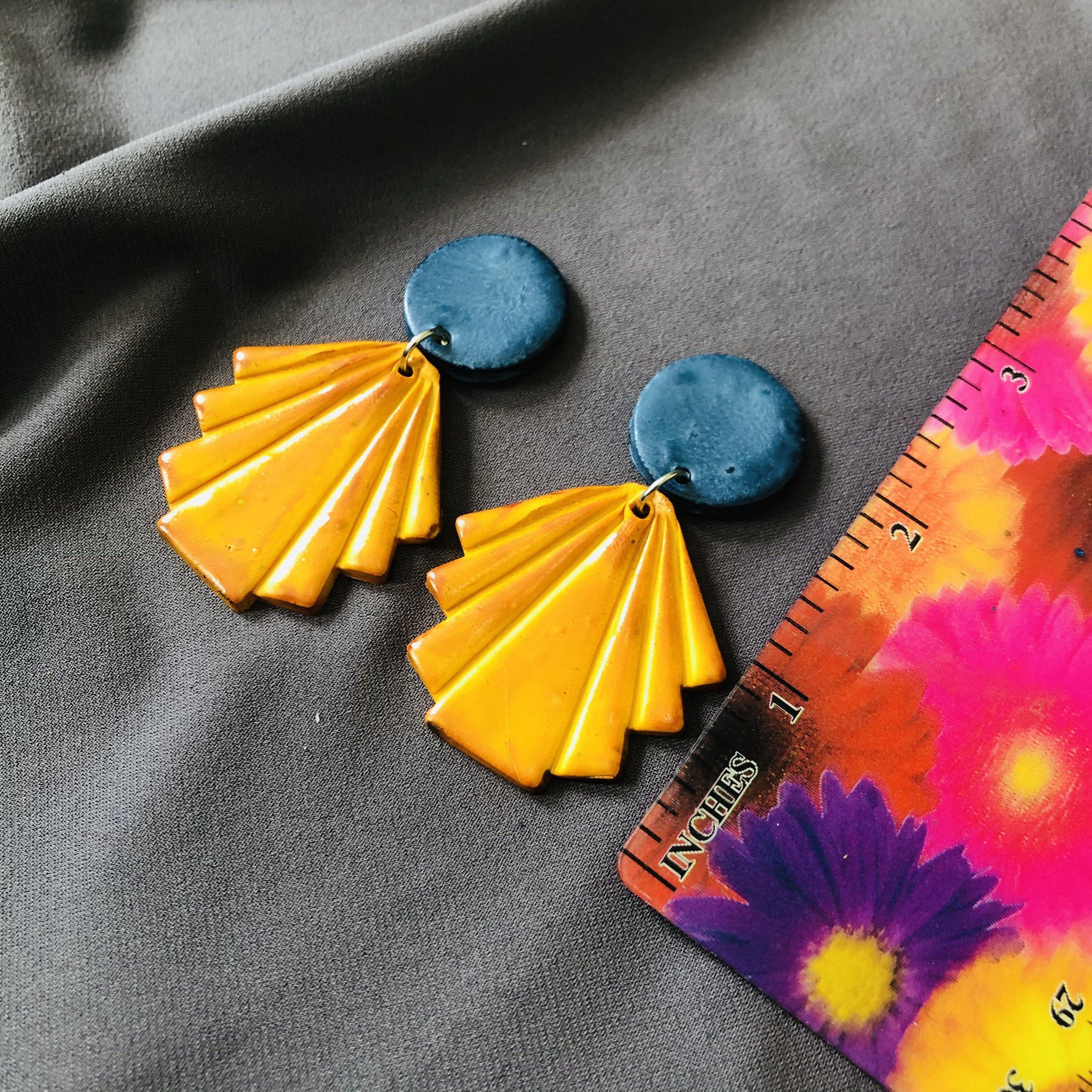 Geometric Fan Statement Earrings, Post or Clip On – "Ruth" - Image 5