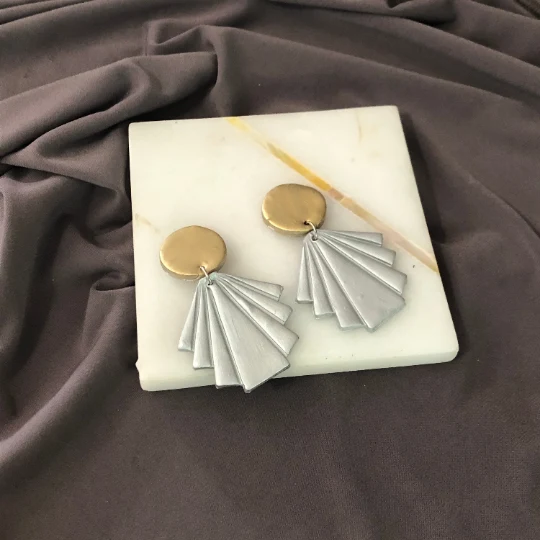 Geometric Fan Statement Earrings, Post or Clip On – "Ruth" - Image 6