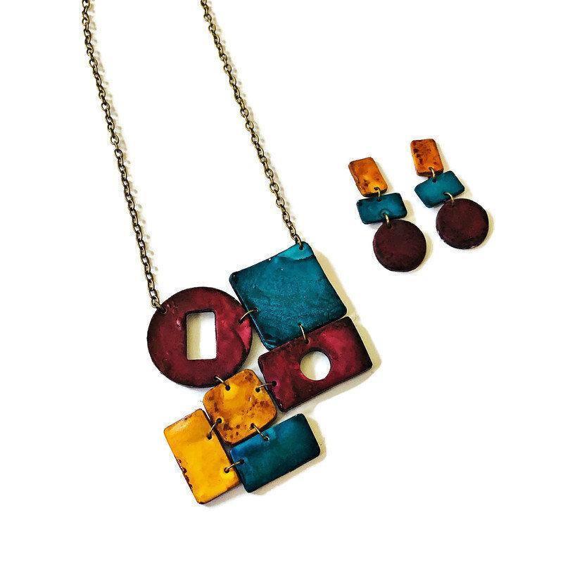 Geometric Statement Jewelry Set in Maroon, Mustard & Denim Blue - Image 2