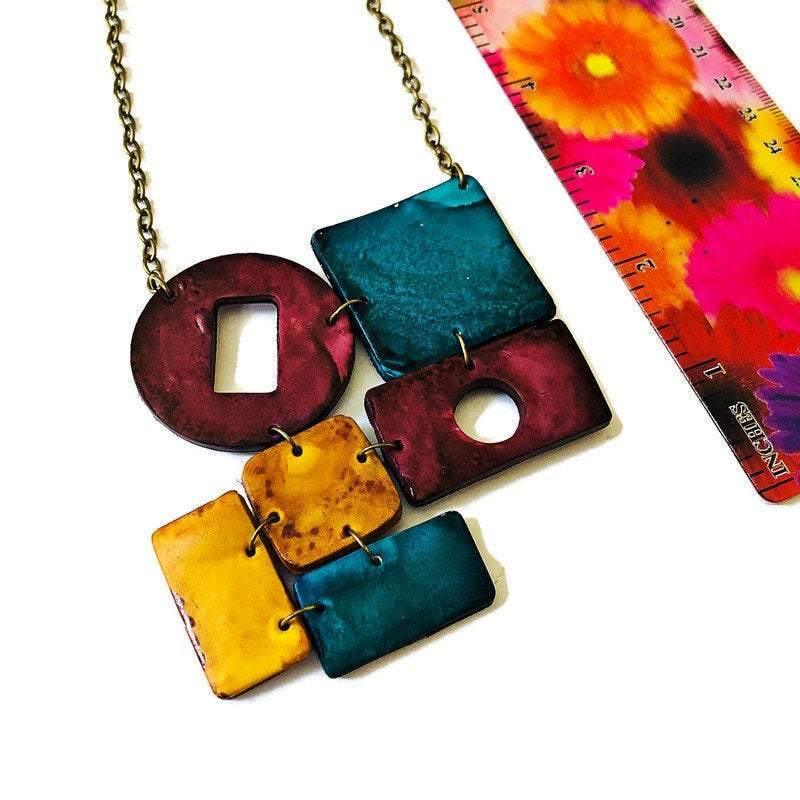 Geometric Statement Necklace, Maroon, Teal & Mustard Yellow, Handmade Polymer Clay - Image 3