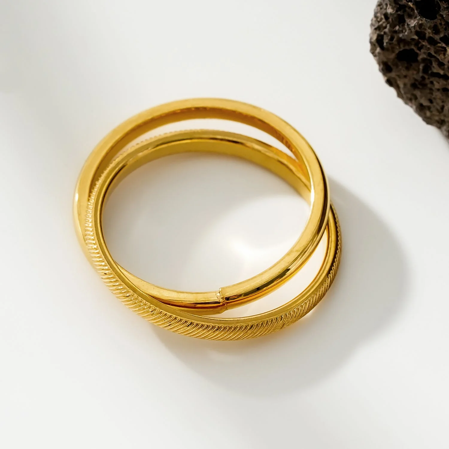 GILBERT: Double Banded Interconnected Stack Ring in Gold - Image 4