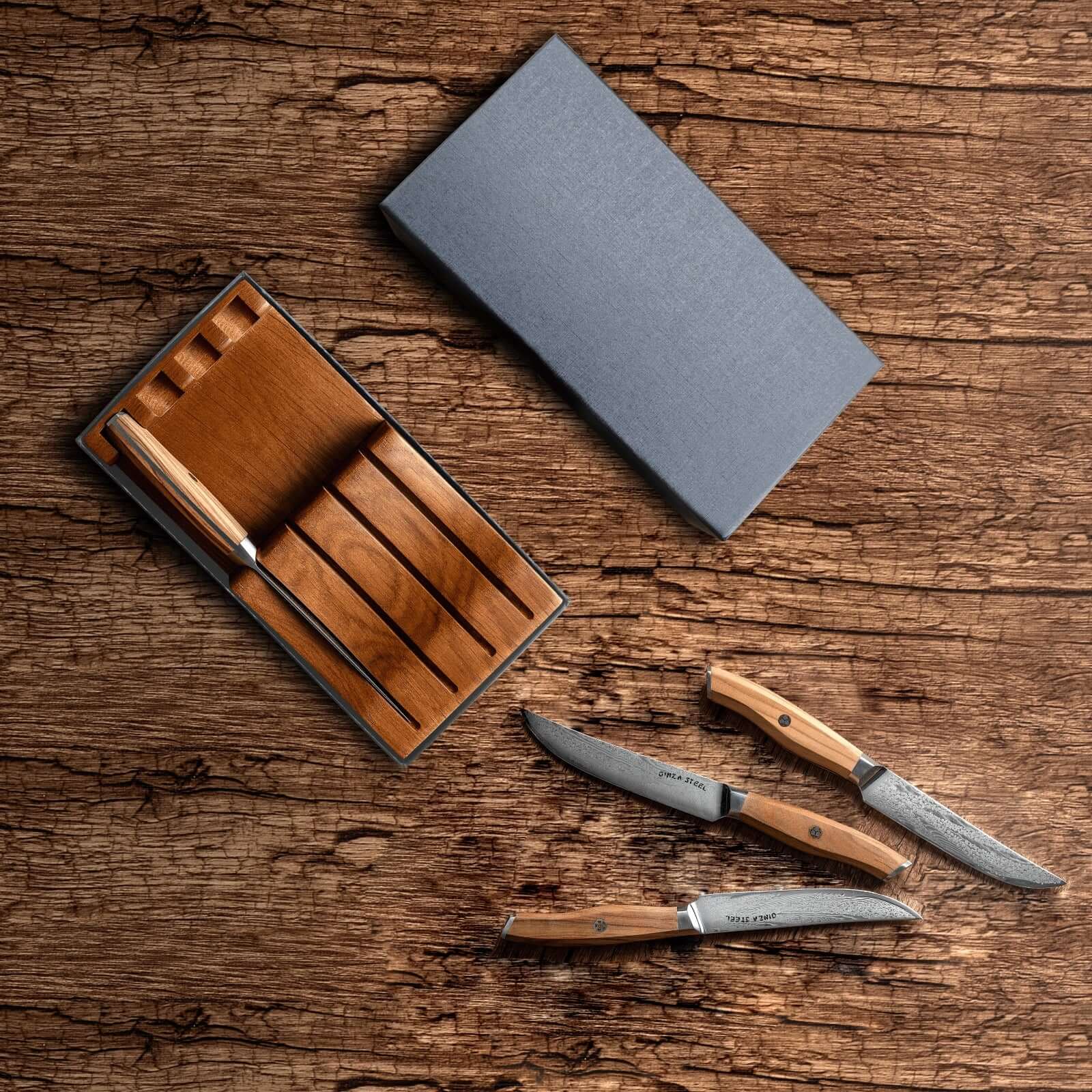 Ginza Steel AMELIA Five – 4-Piece VG10 Damascus Steel Steak Knife Set with Wood Block - Image 2