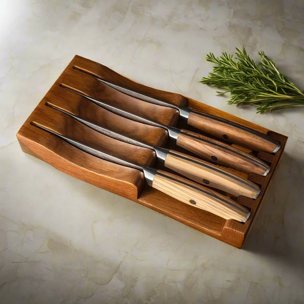 Ginza Steel AMELIA Five – 4-Piece VG10 Damascus Steel Steak Knife Set with Wood Block - Image 3