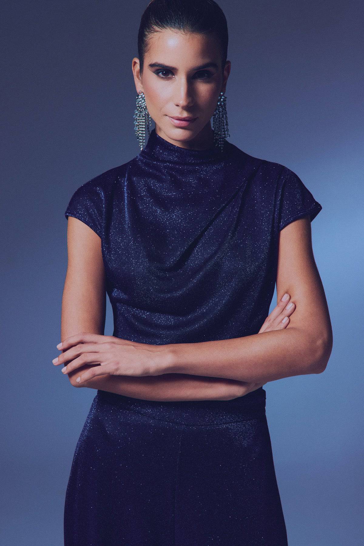 Glittery Mock Collar Bodysuit - Navy Blue - Image 2