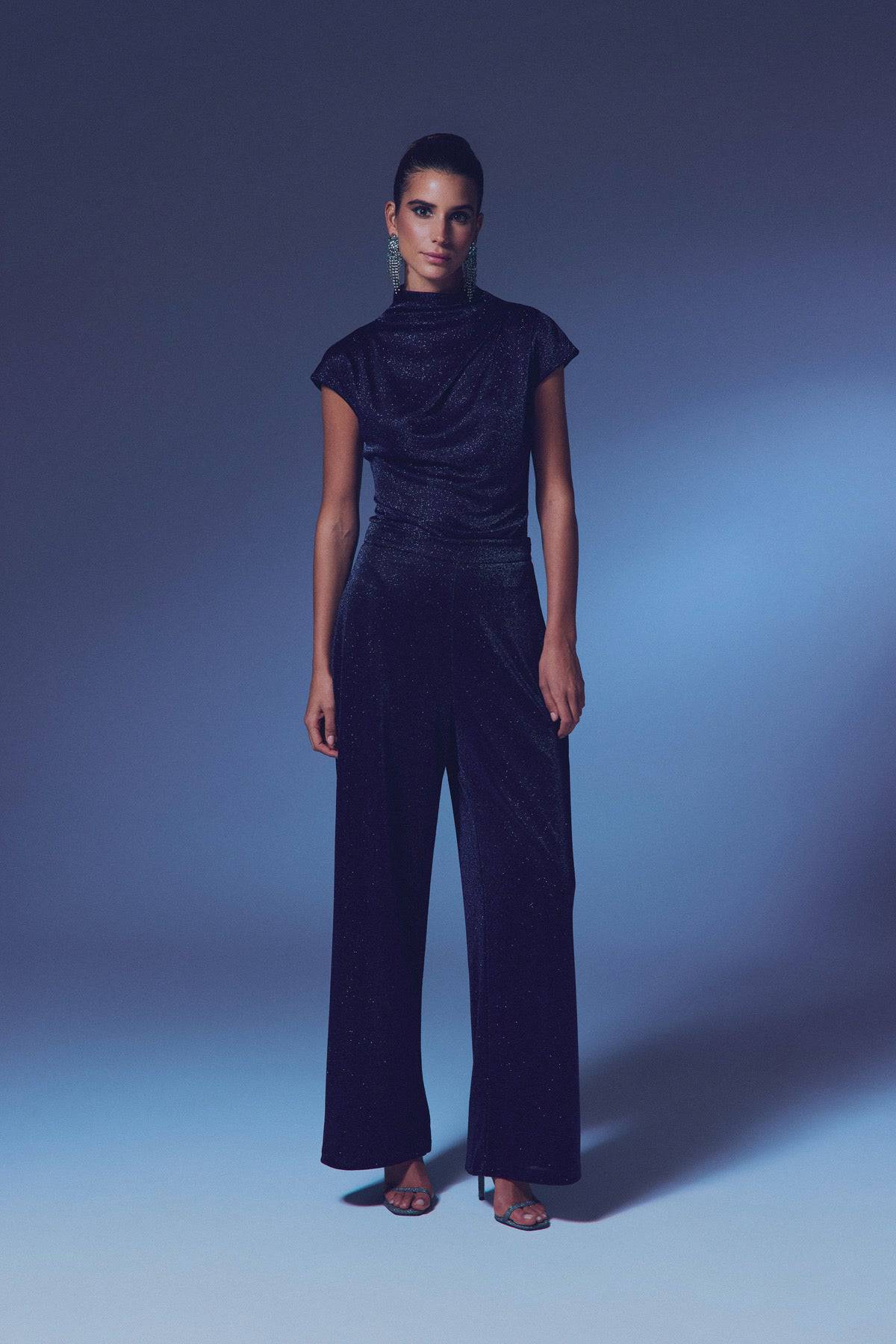 Glittery Mock Collar Bodysuit - Navy Blue - Image 3