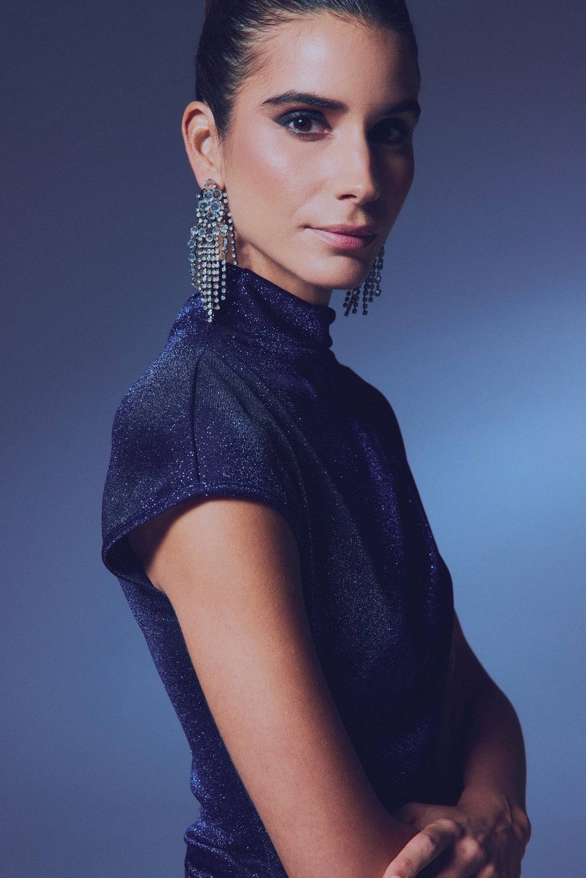 Glittery Mock Collar Bodysuit - Navy Blue - Image 4