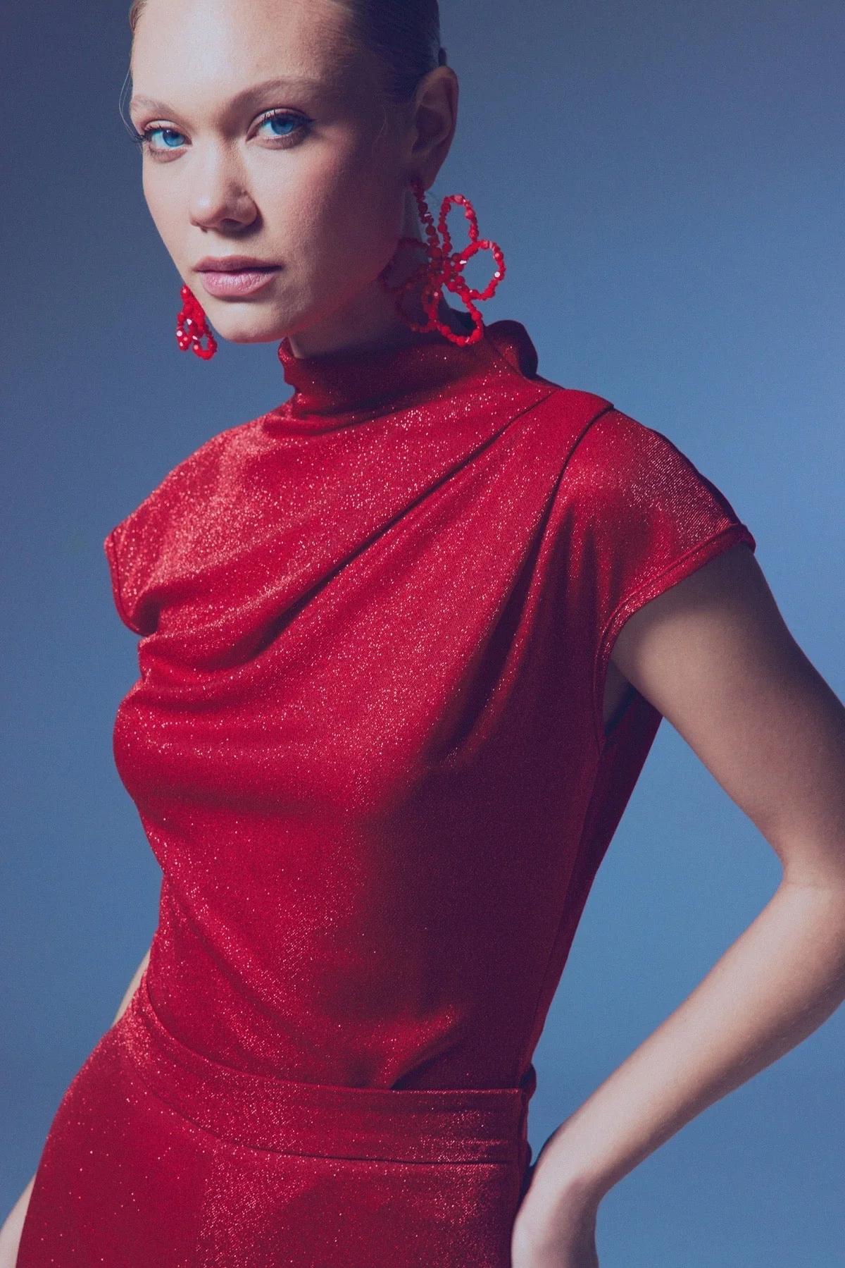 Glittery Mock Collar Bodysuit - Red - Image 5