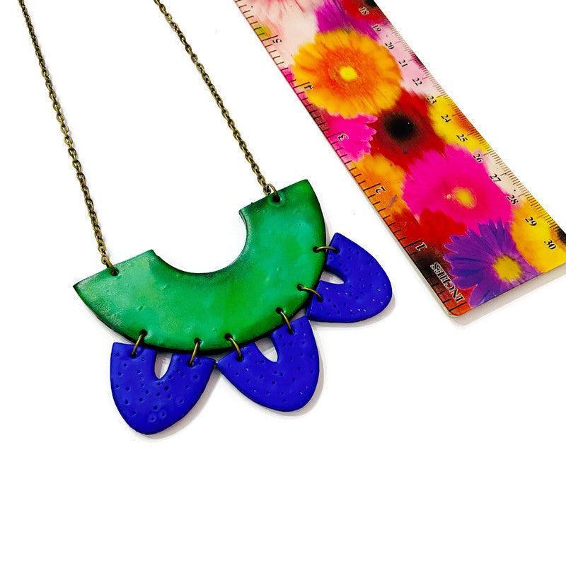 Green & Blue Clay Collar Statement Necklace, Handmade Polymer Clay - Image 7