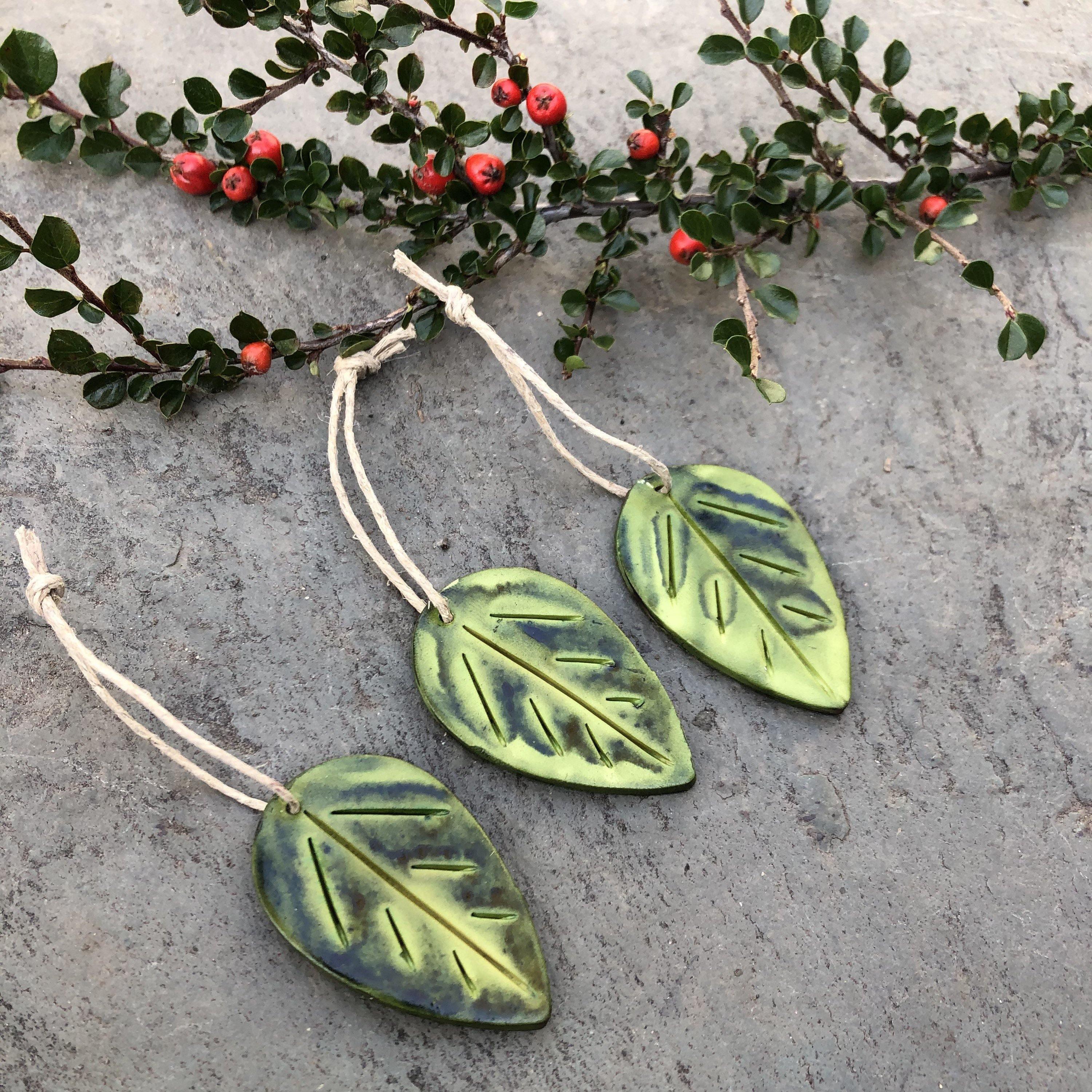 Green Clay Leaf Ornaments for Rustic Fall Décor - Image 2