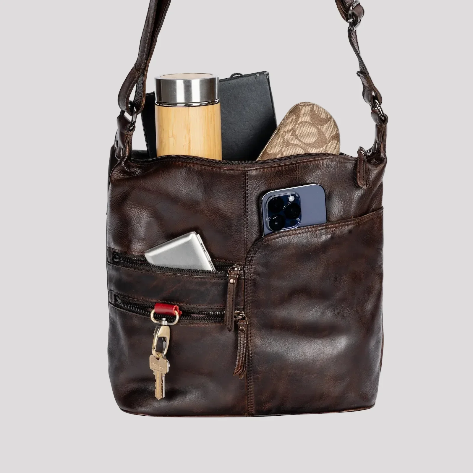 Greenwood Leather Shoulder Bag with 2 Zip Pockets - Image 5
