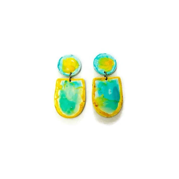 Handmade Painted Earrings in Turquoise & Yellow - Image 2