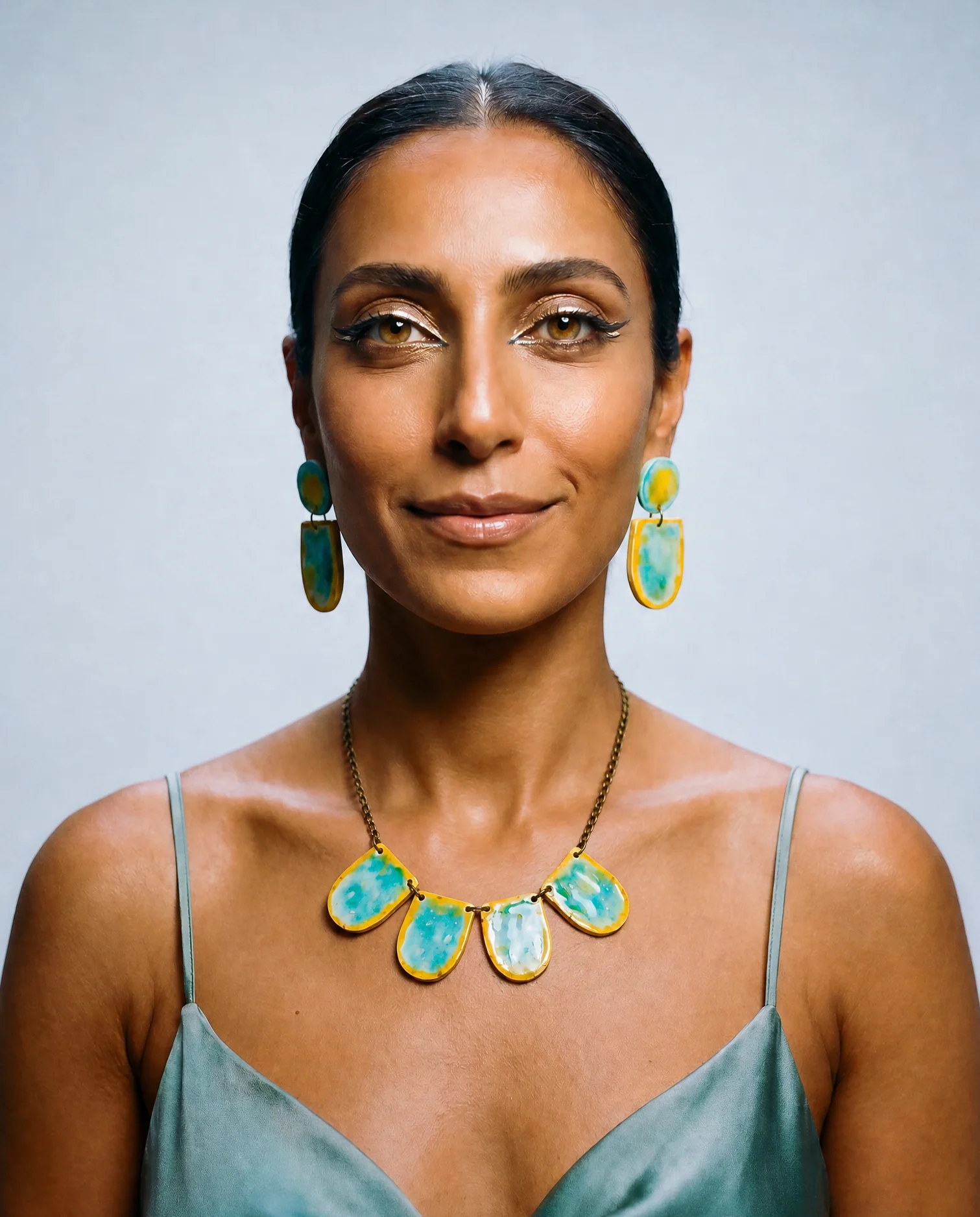Handmade Painted Earrings in Turquoise & Yellow - Image 6