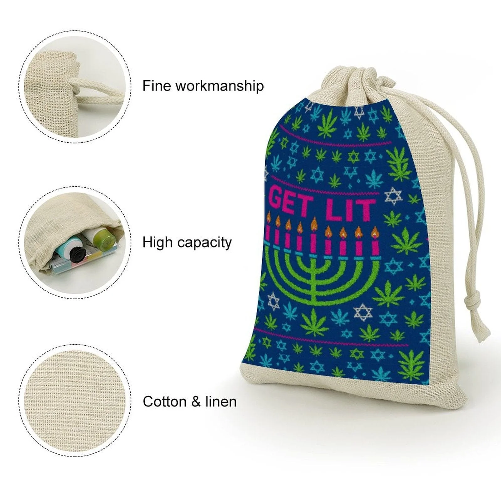 Hanukkah “Get Lit” Cotton & Hemp Gift Bags (8-Pack) - Image 4