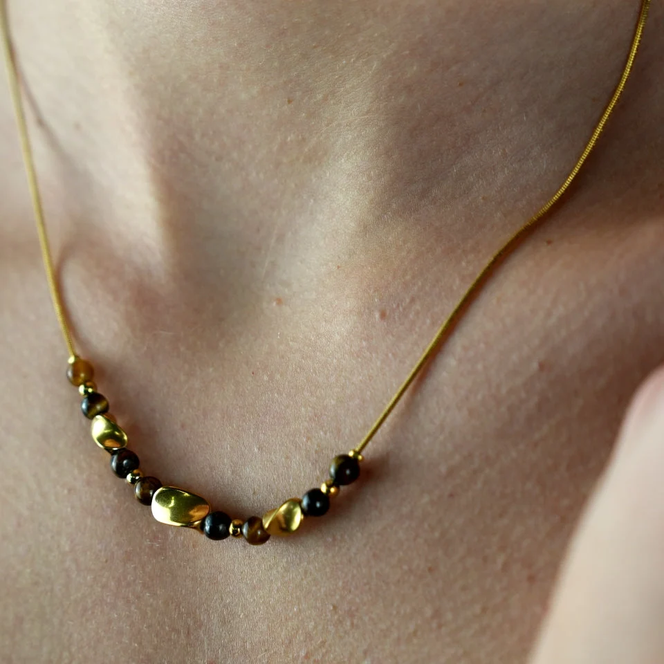 HAVANA Snake-Skin Textured Chain with Gold & Tiger's Eye Stone Charms - Image 3